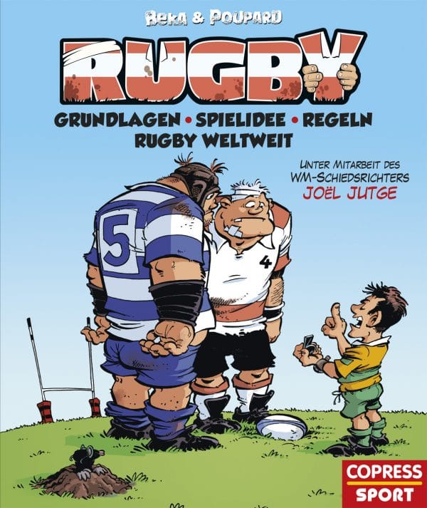 Rugby Spieler und ihr Schiedsrichter diskutieren Rugby Spielregeln